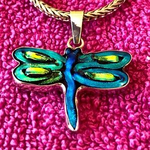 Hand Crafted Dichromatic Glass Dragonfly and Sterling Silver Pendant With Chain